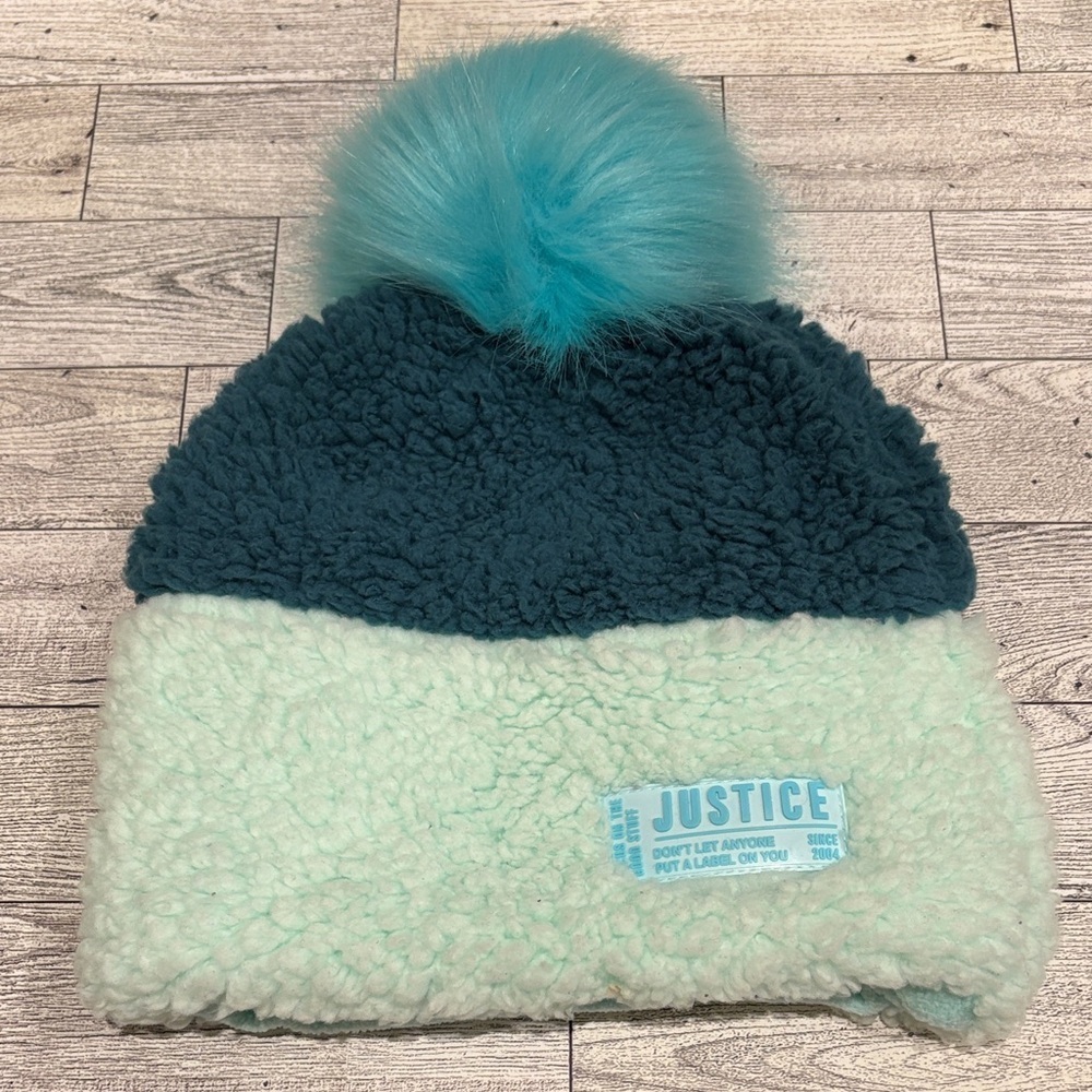 Justice Kids' Teal and Mint Fuzzy Pom-Pom Hat
